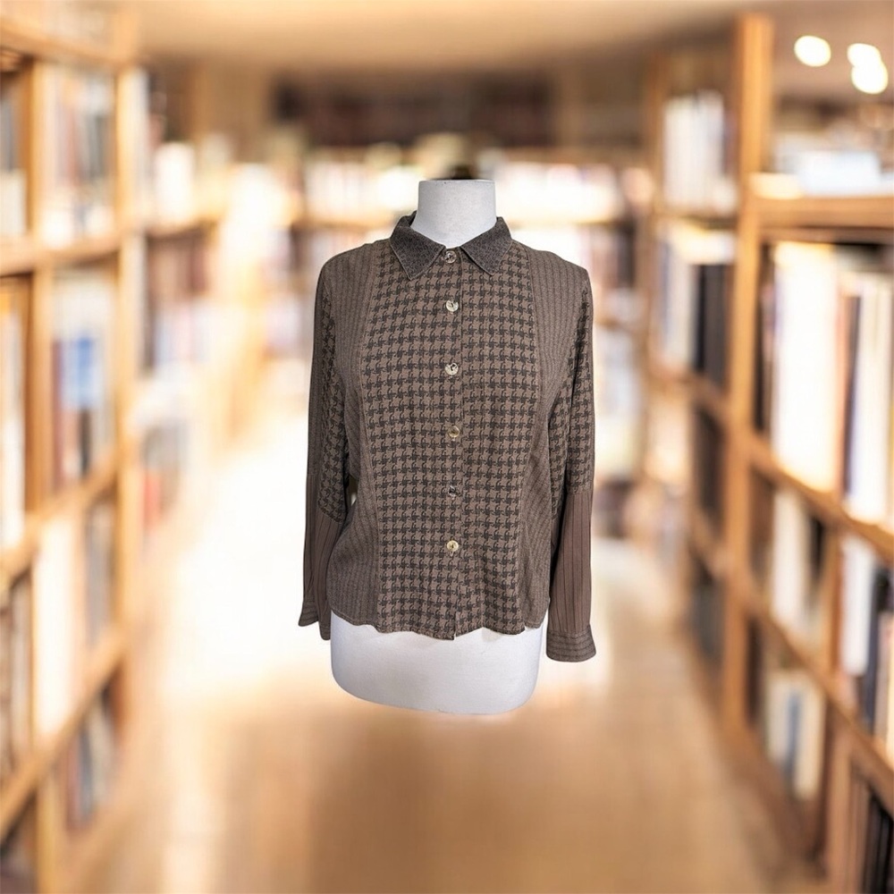 Citron Santa Monica Houndstooth Blouse Medium Rayon Button Front Academia Brown